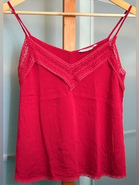 Stradivarius Red Satin Lace Cami Top V-Neck Strappy Camisole Size XS